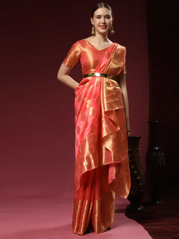 Peach_Organza_Silk_With_Beautiful_Gold_Zari_Weaving_With_Rich_Pallu_Saree