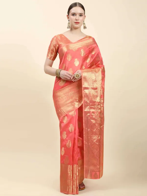 Peach_Organza_Silk_With_Beautiful_Gold_Zari_Weaving_With_Rich_Pallu_Saree
