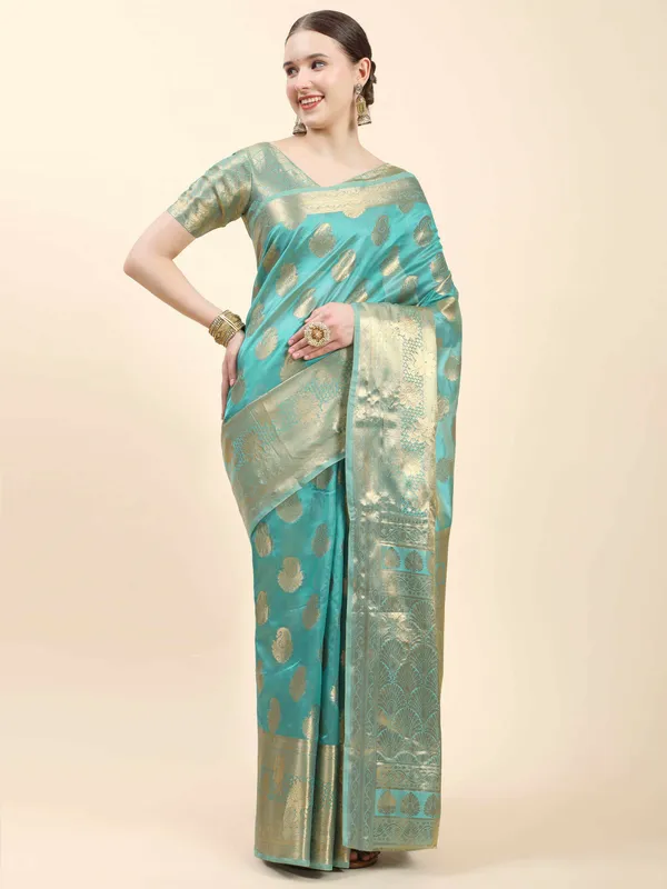 Teal_Blue_Organza_Silk_With_Beautiful_Gold_Zari_Weaving_With_Rich_Pallu_Saree