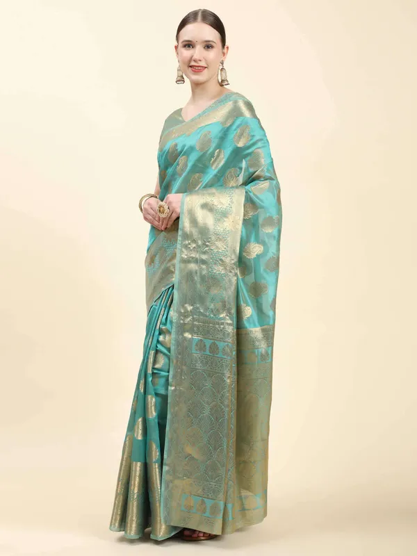 Teal_Blue_Organza_Silk_With_Beautiful_Gold_Zari_Weaving_With_Rich_Pallu_Saree