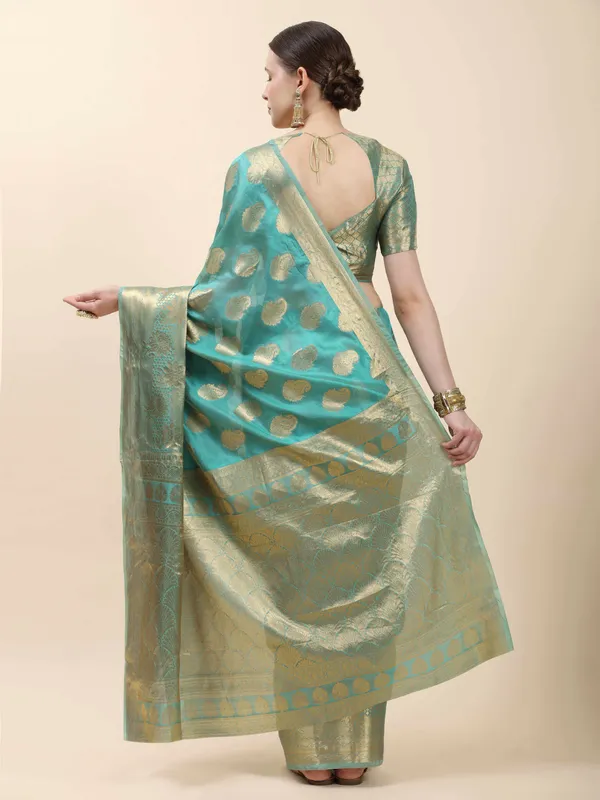 Teal_Blue_Organza_Silk_With_Beautiful_Gold_Zari_Weaving_With_Rich_Pallu_Saree