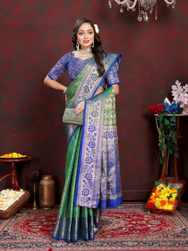 Olive_Green_Lichi_Silk_Saree_with_Silver_and_Copper_Zari
