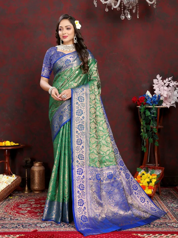 Olive_Green_Lichi_Silk_Saree_with_Silver_and_Copper_Zari