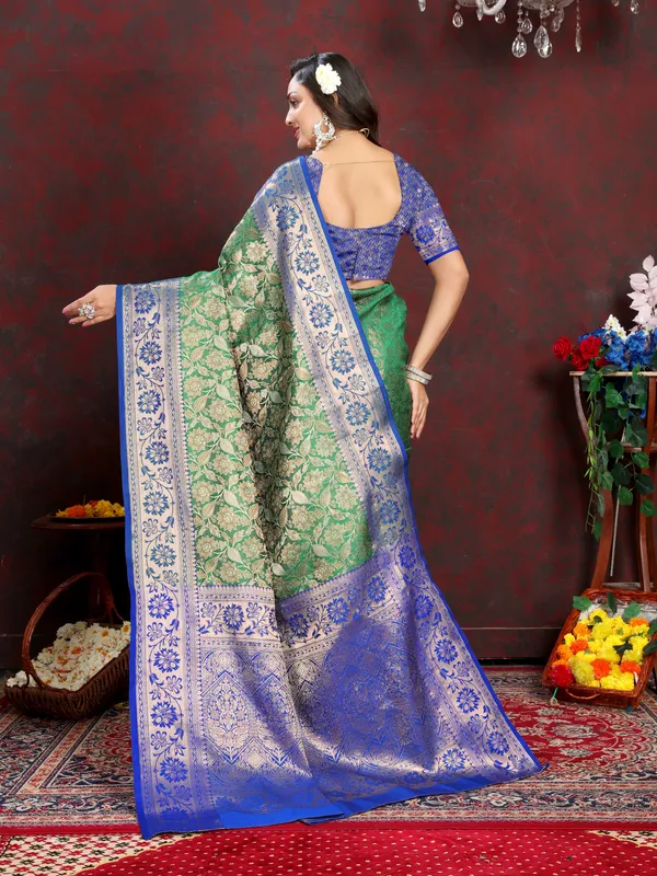 Olive_Green_Lichi_Silk_Saree_with_Silver_and_Copper_Zari