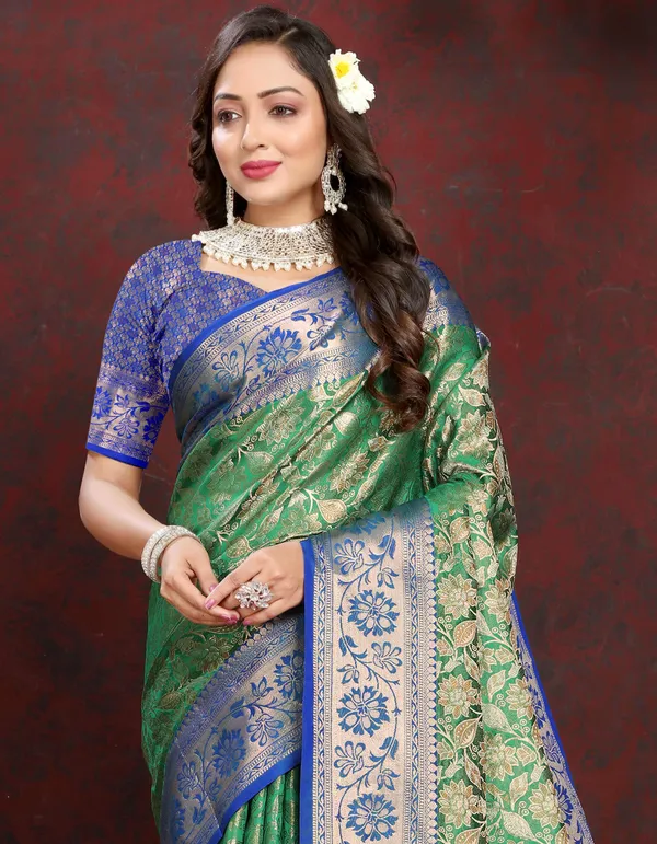 Olive_Green_Lichi_Silk_Saree_with_Silver_and_Copper_Zari
