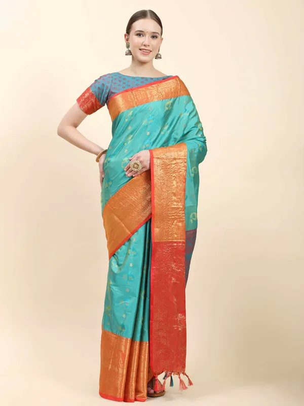 Peacoke_Blue_Soft_Kanjivaram_Rich_Pallu_Self_Jacquard_Weaving_With_Gold_Zari_Saree