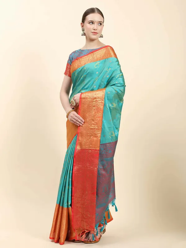 Peacoke_Blue_Soft_Kanjivaram_Rich_Pallu_Self_Jacquard_Weaving_With_Gold_Zari_Saree
