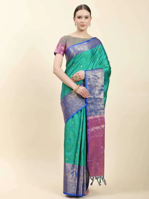 Teal_Blue_Soft_Kanjivaram_Rich_Pallu_Self_Jacquard_Weaving_With_Gold_Zari_Saree