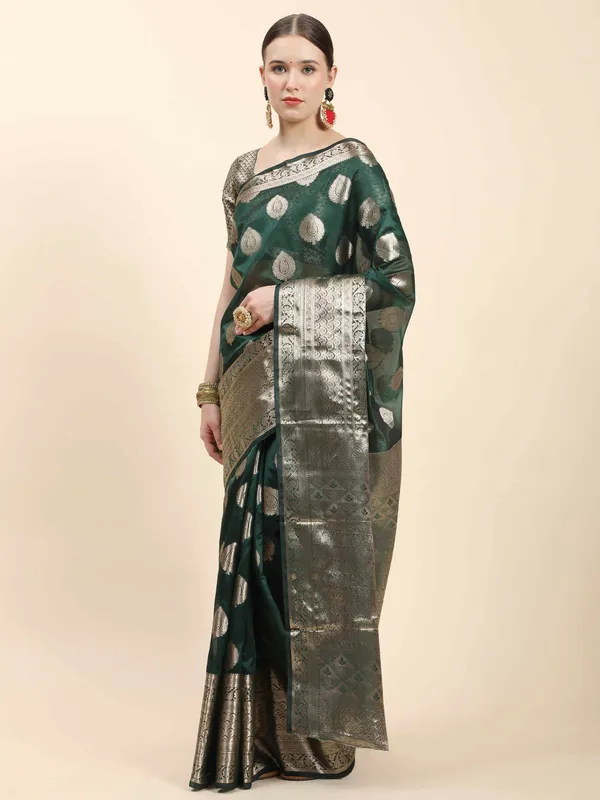 Dark_Green_Organza_Silk_With_Beautiful_Gold_Zari_Weaving_With_Rich_Pallu_Saree