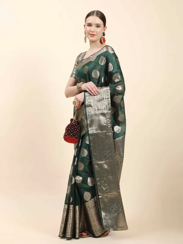 Dark_Green_Organza_Silk_With_Beautiful_Gold_Zari_Weaving_With_Rich_Pallu_Saree