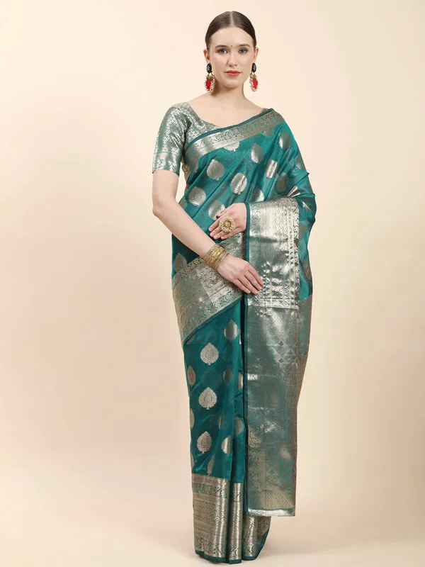 Teal_Blue_Organza_Silk_With_Beautiful_Gold_Zari_Weaving_With_Rich_Pallu_Saree