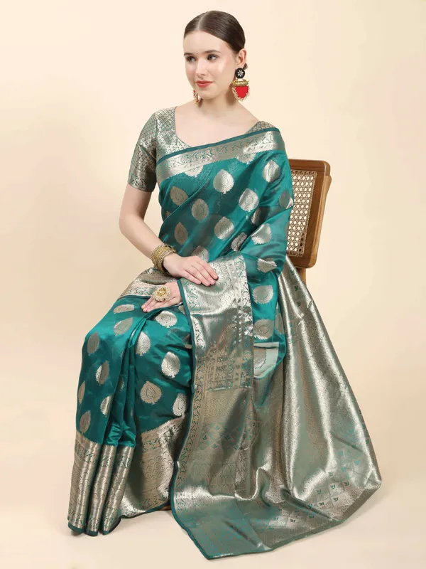 Teal_Blue_Organza_Silk_With_Beautiful_Gold_Zari_Weaving_With_Rich_Pallu_Saree