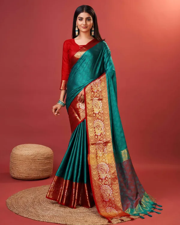 Peacock_Blue_Rich_Cotton_Jacquard_Silk_Contrast_Pallu_And_Heavy_Jacquard_Zari_Weaving_Saree_&_Contrast_Blouse