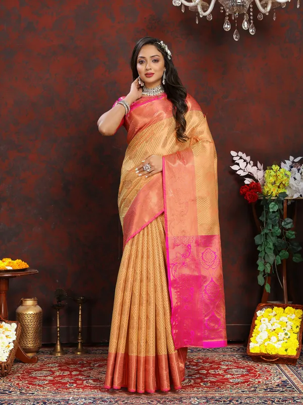 Orange_Lichi_Silk_With_Beautiful_Gold_And_Silver_Zari_Weaving_With_Rich_Pallu_Saree