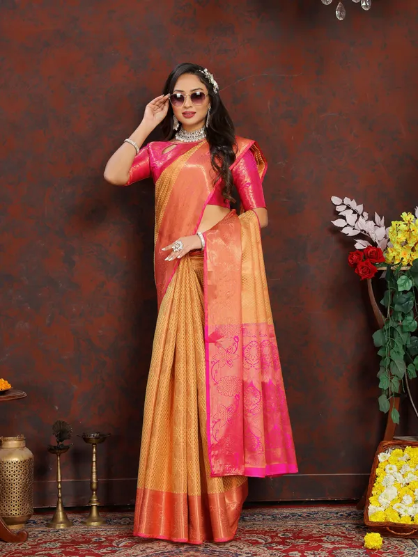 Orange_Lichi_Silk_With_Beautiful_Gold_And_Silver_Zari_Weaving_With_Rich_Pallu_Saree