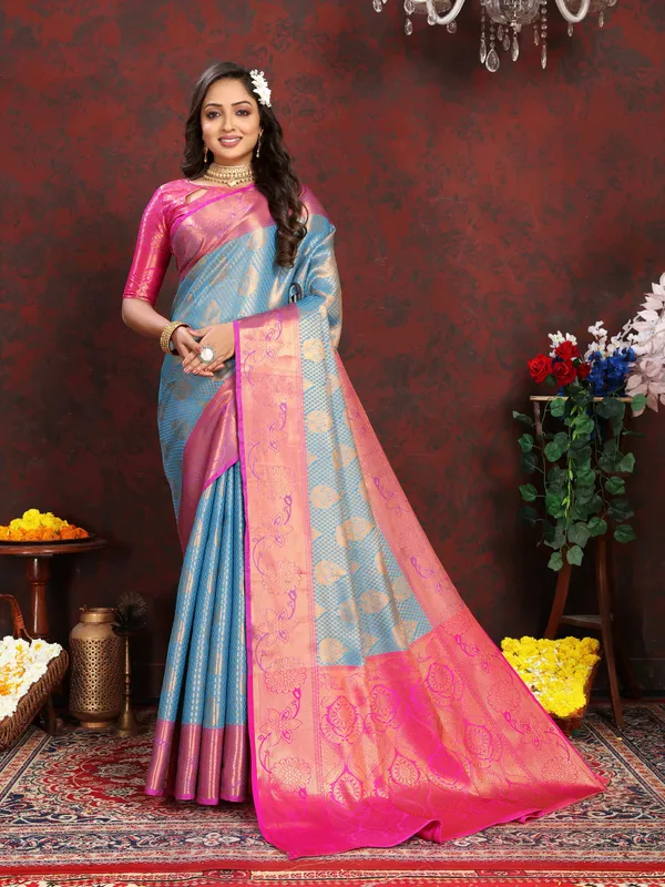 Sky_Blue_Lichi_Silk_With_Beautiful_Gold_And_Silver_Zari_Weaving_With_Rich_Pallu_Saree
