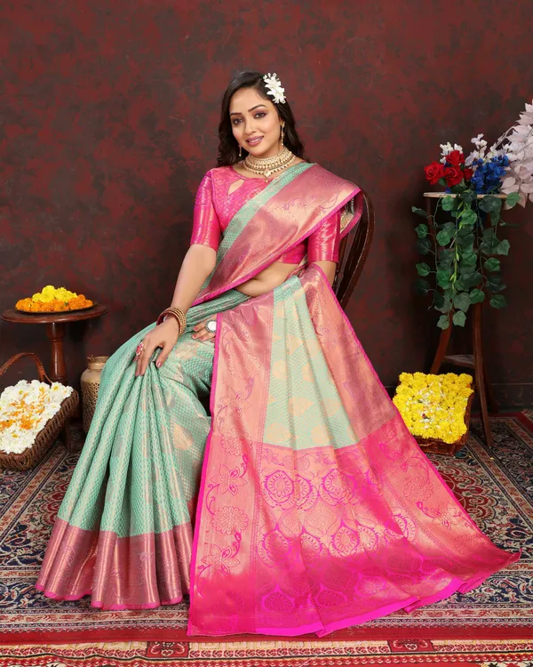 Pista_Green_Lichi_Silk_With_Beautiful_Gold_And_Silver_Zari_Weaving_With_Rich_Pallu_Saree