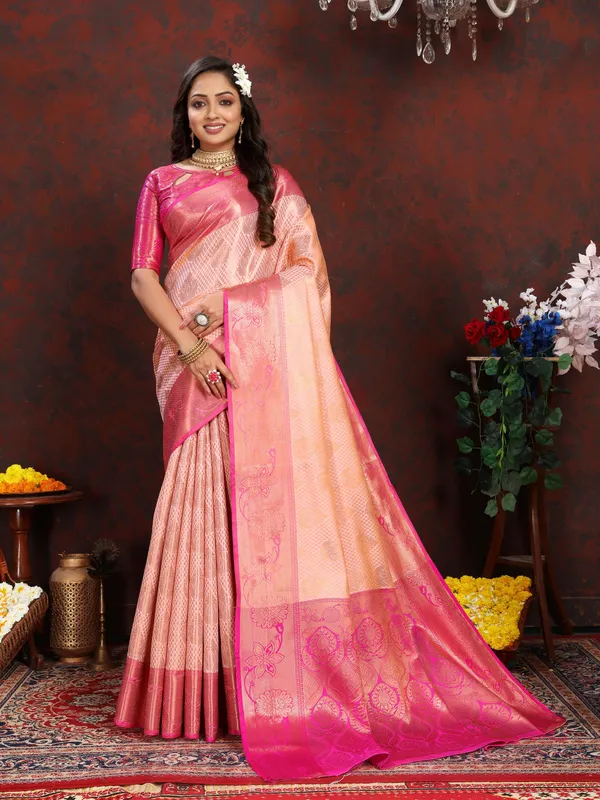 Peach_Lichi_Silk_With_Beautiful_Gold_And_Silver_Zari_Weaving_With_Rich_Pallu_Saree