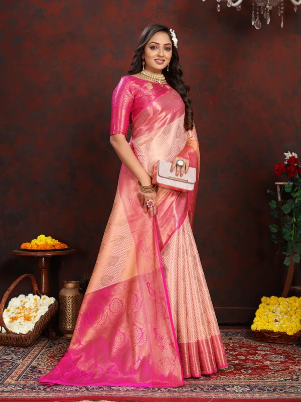 Peach_Lichi_Silk_With_Beautiful_Gold_And_Silver_Zari_Weaving_With_Rich_Pallu_Saree