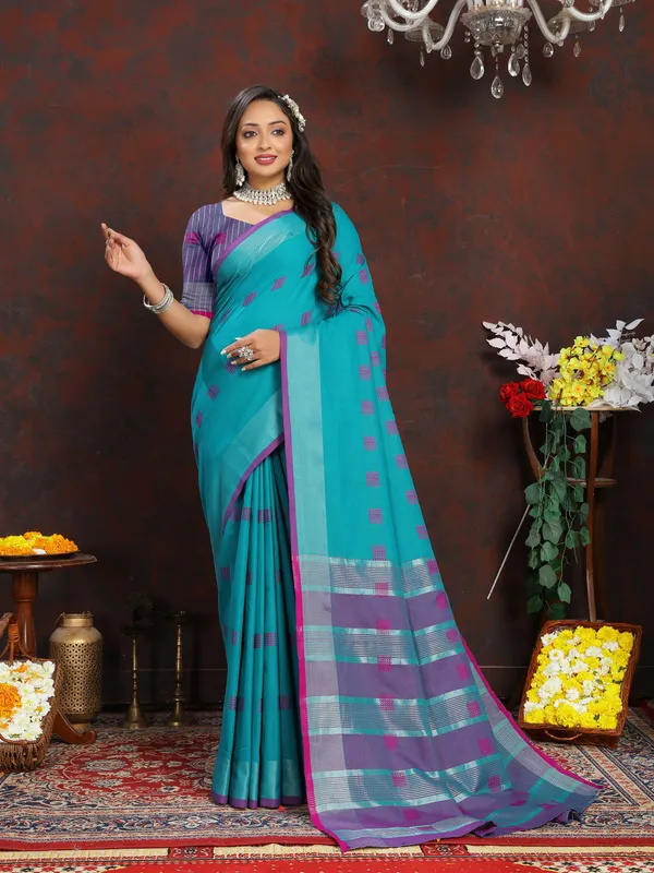 Sky_Blue_Soft_Cotton_Dobi_Jacquard_Silk_Saree_And_Contrast_Pallu_Contrast_Matching_Blouse