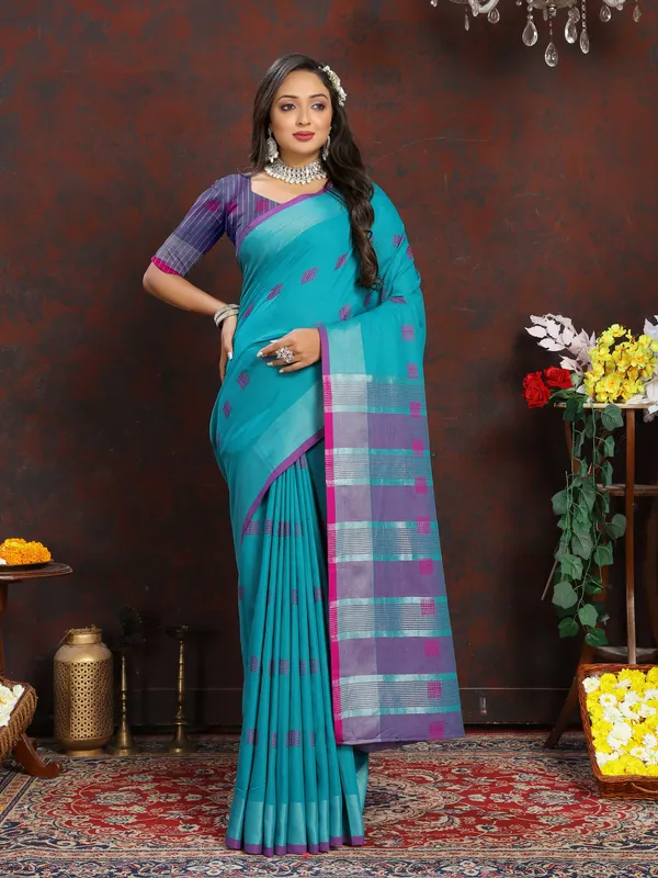 Sky_Blue_Soft_Cotton_Dobi_Jacquard_Silk_Saree_And_Contrast_Pallu_Contrast_Matching_Blouse