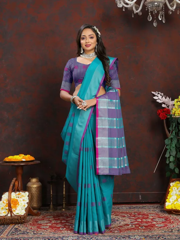 Sky_Blue_Soft_Cotton_Dobi_Jacquard_Silk_Saree_And_Contrast_Pallu_Contrast_Matching_Blouse