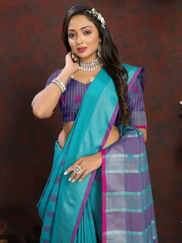 Sky_Blue_Soft_Cotton_Dobi_Jacquard_Silk_Saree_And_Contrast_Pallu_Contrast_Matching_Blouse