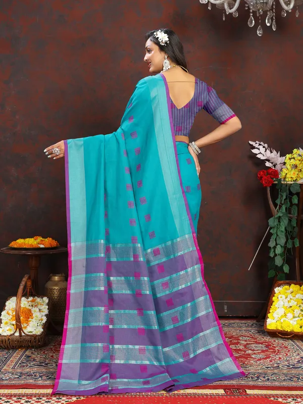 Sky_Blue_Soft_Cotton_Dobi_Jacquard_Silk_Saree_And_Contrast_Pallu_Contrast_Matching_Blouse