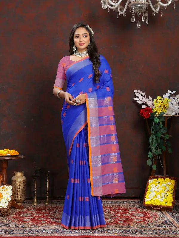 Royal_Blue_Soft_Cotton_Dobi_Jacquard_Silk_Saree_And_Contrast_Pallu_Contrast_Matching_Blouse