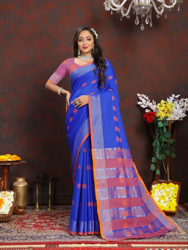 Royal_Blue_Soft_Cotton_Dobi_Jacquard_Silk_Saree_And_Contrast_Pallu_Contrast_Matching_Blouse