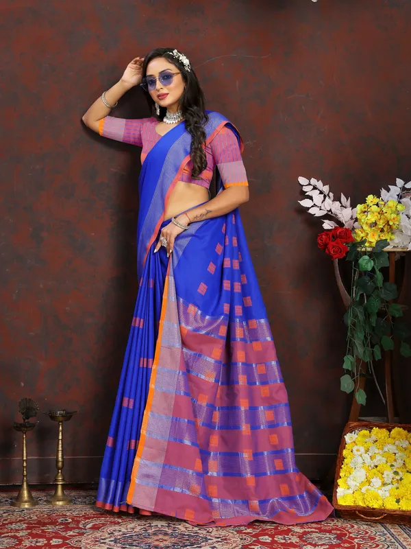 Royal_Blue_Soft_Cotton_Dobi_Jacquard_Silk_Saree_And_Contrast_Pallu_Contrast_Matching_Blouse