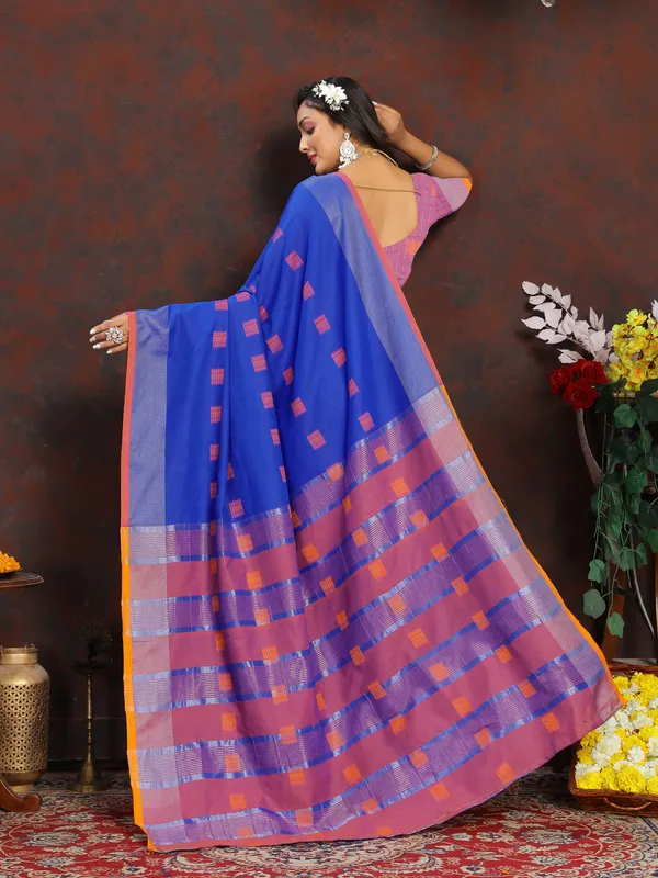 Royal_Blue_Soft_Cotton_Dobi_Jacquard_Silk_Saree_And_Contrast_Pallu_Contrast_Matching_Blouse