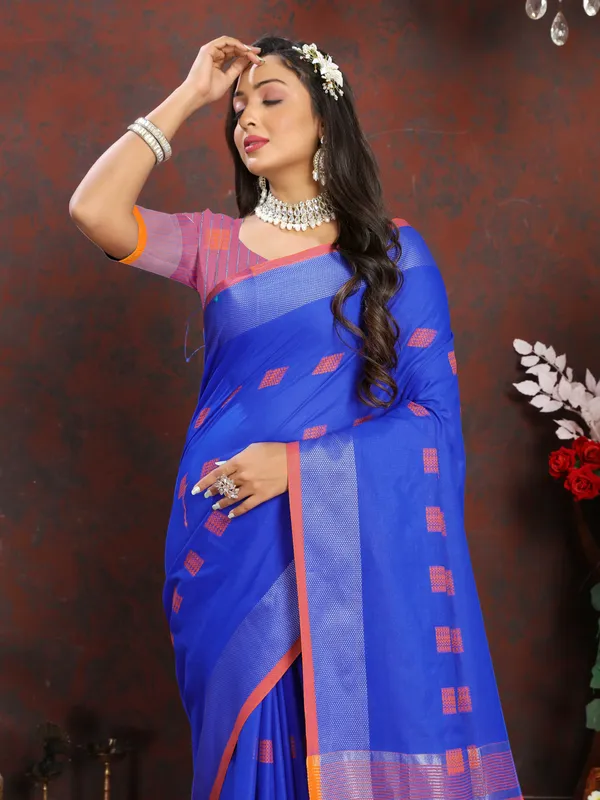 Royal_Blue_Soft_Cotton_Dobi_Jacquard_Silk_Saree_And_Contrast_Pallu_Contrast_Matching_Blouse