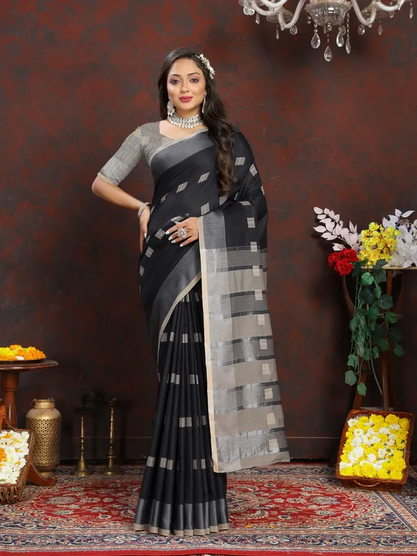 Black_Soft_Cotton_Dobi_Jacquard_Silk_And_Contrast_Pallu_Saree