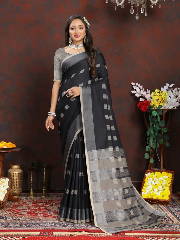 Black_Soft_Cotton_Dobi_Jacquard_Silk_And_Contrast_Pallu_Saree