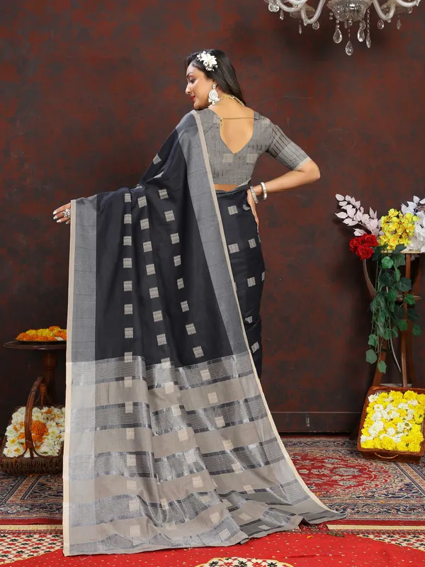 Black_Soft_Cotton_Dobi_Jacquard_Silk_And_Contrast_Pallu_Saree