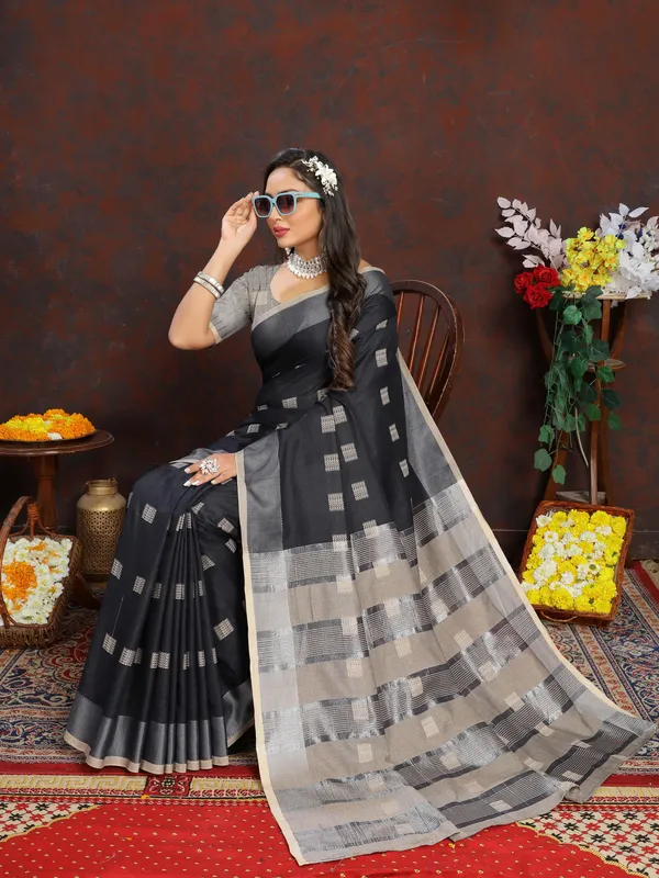 Black_Soft_Cotton_Dobi_Jacquard_Silk_And_Contrast_Pallu_Saree