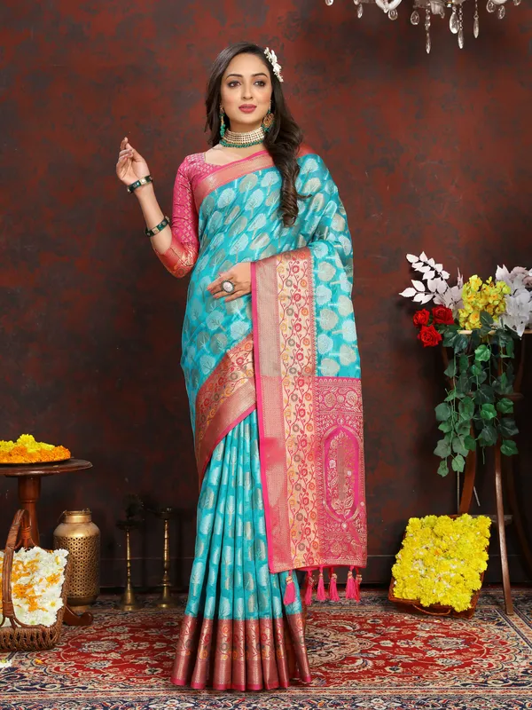 Sky_Blue_Soft_Organza_Silk_With_Meenakari_Weaving_Design_Pallu_Saree