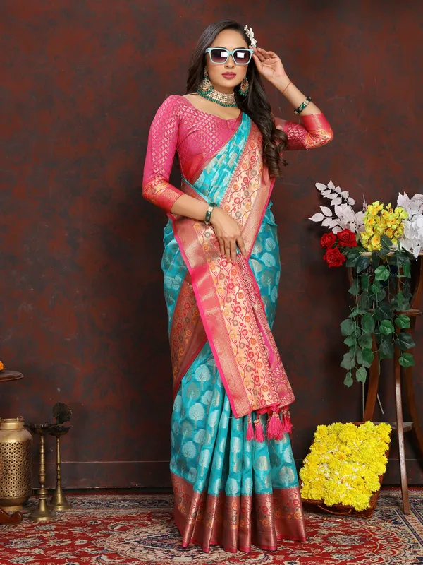 Sky_Blue_Soft_Organza_Silk_With_Meenakari_Weaving_Design_Pallu_Saree