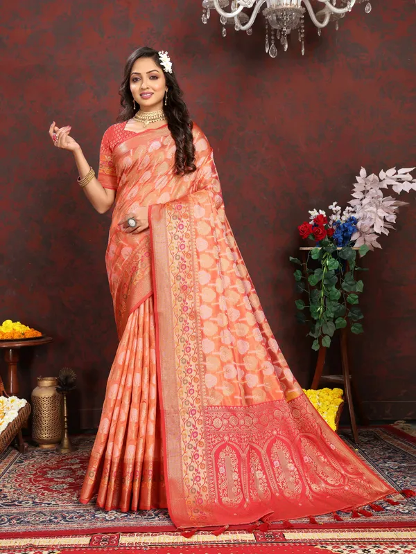 Orange_Soft_Organza_Silk_With_Meenakari_Weaving_Design_Pallu_Saree