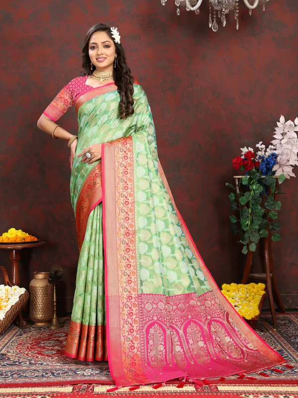Pista_Green_Soft_Organza_Silk_With_Meenakari_Weaving_Design_Pallu_Saree