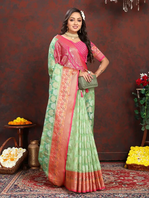 Pista_Green_Soft_Organza_Silk_With_Meenakari_Weaving_Design_Pallu_Saree