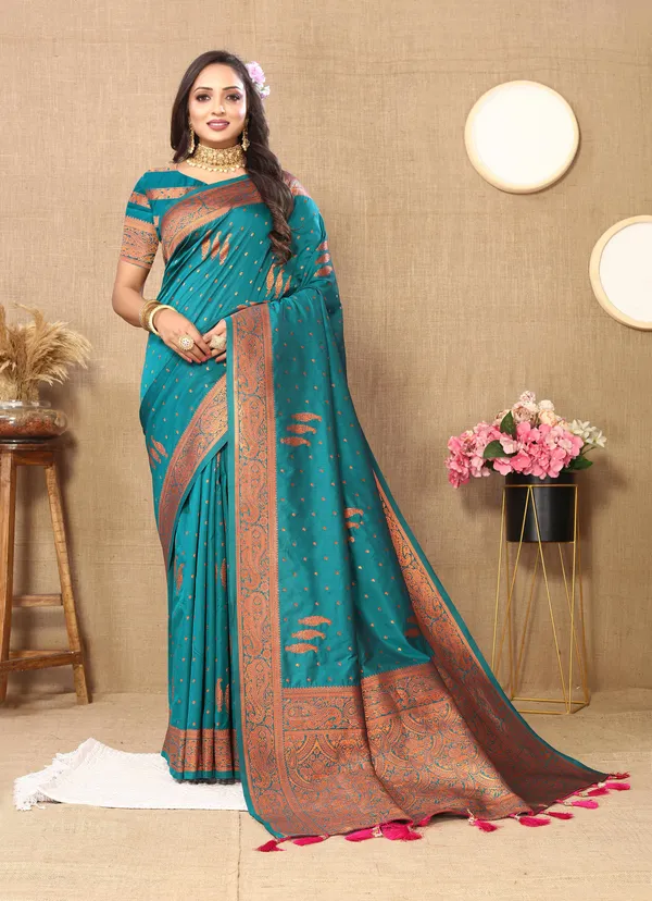 Peacoke_Blue_Soft_Silk_With_Copper_Zari_Weaving_Design_And_Rich_Zari_Weaving_Pallu_Saree