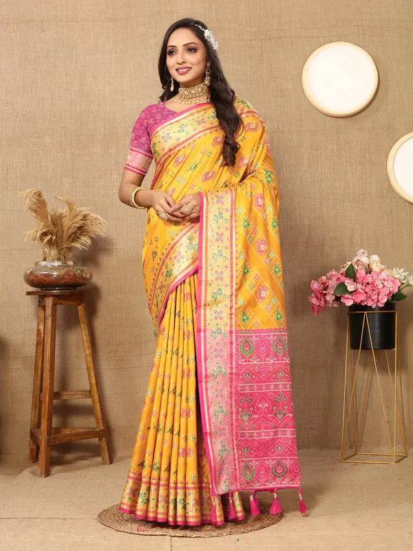 Yellow_Soft_Patola_Silk_With_Meenakari_Zari_Weaving_Patterns_And_Rich_Zari_Weaving_Pallu_Saree