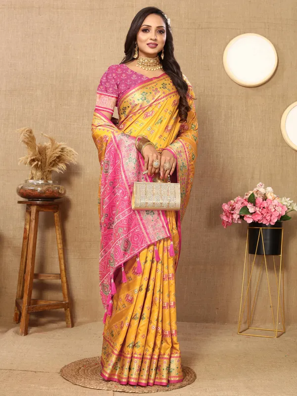 Yellow_Soft_Patola_Silk_With_Meenakari_Zari_Weaving_Patterns_And_Rich_Zari_Weaving_Pallu_Saree