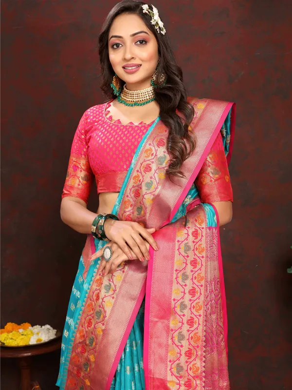 Sky_Blue_Soft_Organza_Silk_With_Meenakari_Weaving_Design_Pallu_Saree