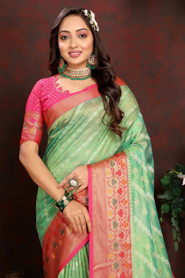 Green_Soft_Organza_Silk_With_Meenakari_Weaving_Design_Pallu_Saree