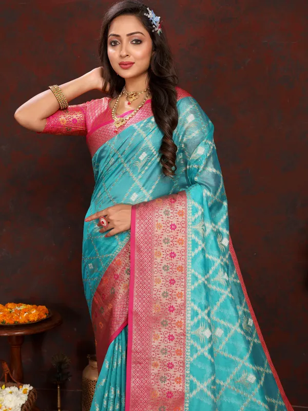 Sky_Blue_Soft_Organza_Silk_With_Meenakari_Weaving_Design_Pallu_Saree