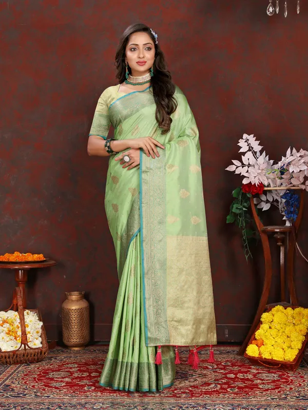 Pista_Soft_Organza_Silk_With_Meenakari_Weaving_Design_Pallu_Saree
