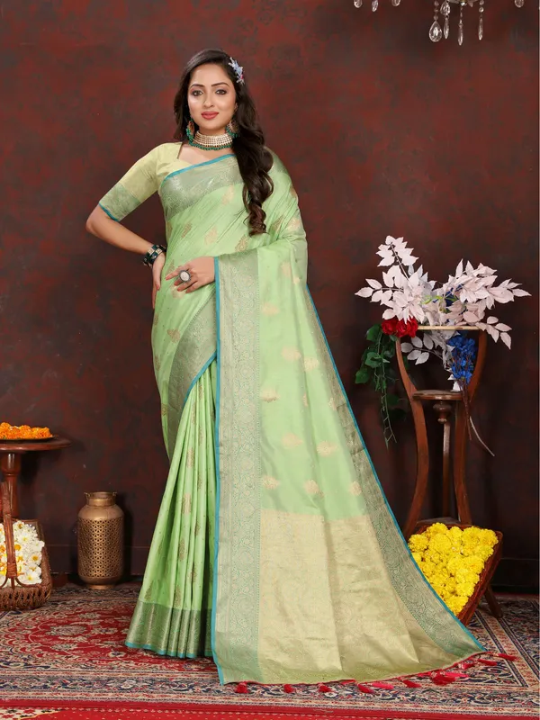 Pista_Soft_Organza_Silk_With_Meenakari_Weaving_Design_Pallu_Saree